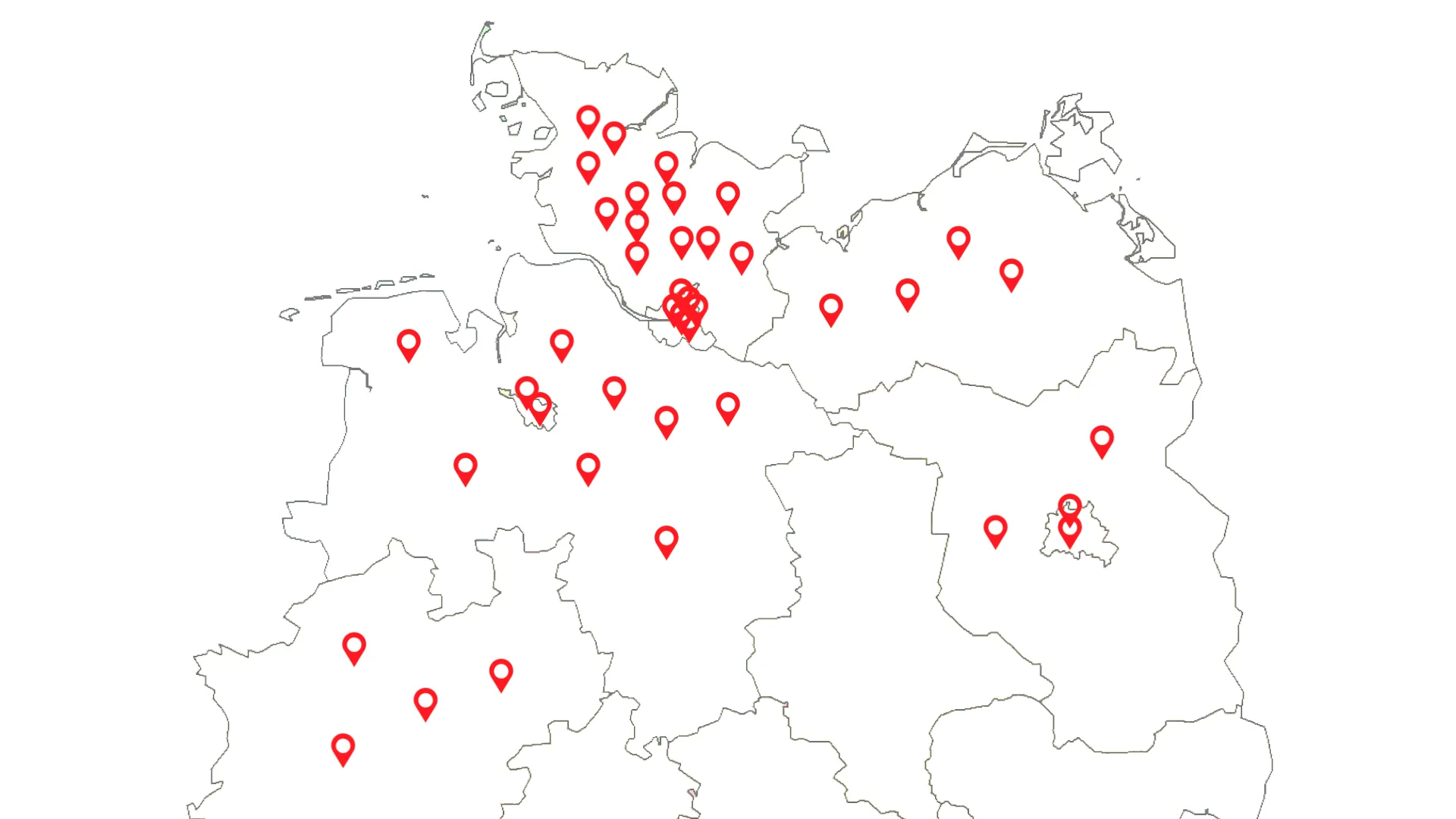 Karte Norddeutschlands mit Markierungen an den Wohnorten unserer Mitglieder